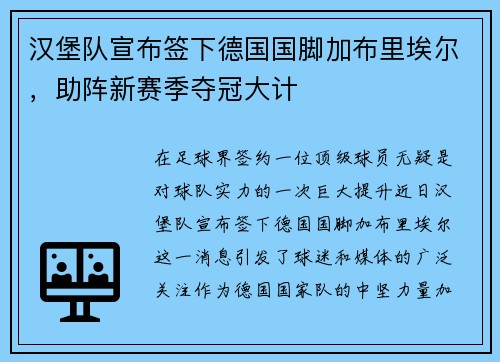 汉堡队宣布签下德国国脚加布里埃尔，助阵新赛季夺冠大计