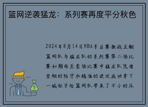 篮网逆袭猛龙：系列赛再度平分秋色