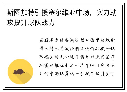 斯图加特引援塞尔维亚中场，实力助攻提升球队战力