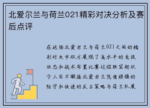 北爱尔兰与荷兰021精彩对决分析及赛后点评