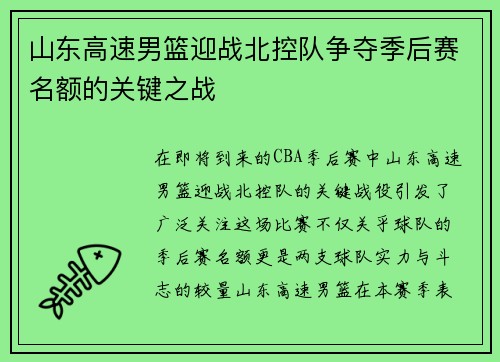 山东高速男篮迎战北控队争夺季后赛名额的关键之战