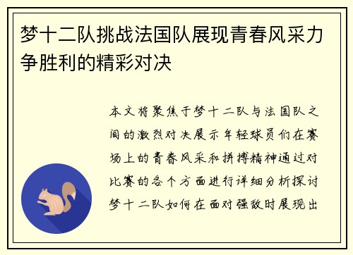 梦十二队挑战法国队展现青春风采力争胜利的精彩对决