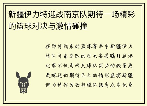 新疆伊力特迎战南京队期待一场精彩的篮球对决与激情碰撞
