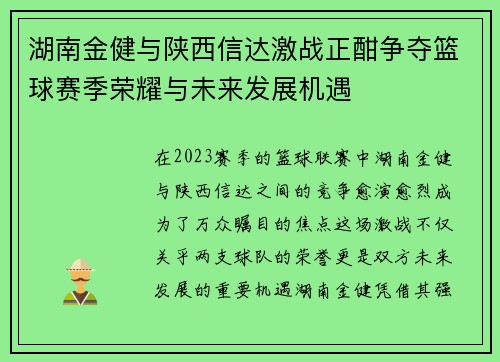 湖南金健与陕西信达激战正酣争夺篮球赛季荣耀与未来发展机遇