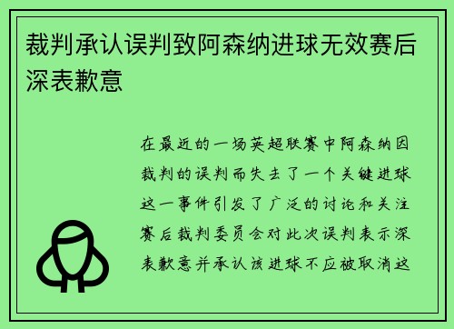 裁判承认误判致阿森纳进球无效赛后深表歉意