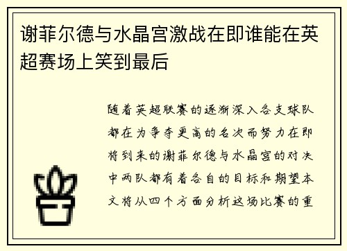 谢菲尔德与水晶宫激战在即谁能在英超赛场上笑到最后