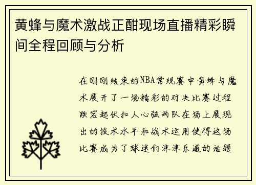 黄蜂与魔术激战正酣现场直播精彩瞬间全程回顾与分析