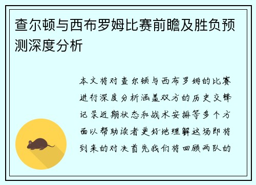 查尔顿与西布罗姆比赛前瞻及胜负预测深度分析