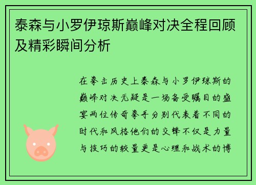 泰森与小罗伊琼斯巅峰对决全程回顾及精彩瞬间分析