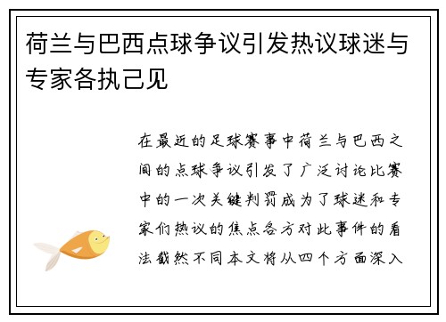 荷兰与巴西点球争议引发热议球迷与专家各执己见