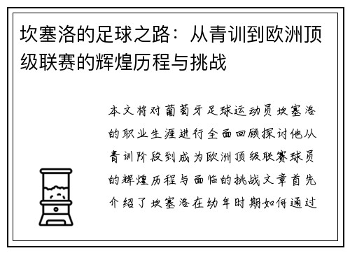 坎塞洛的足球之路：从青训到欧洲顶级联赛的辉煌历程与挑战