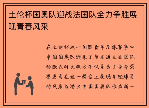 土伦杯国奥队迎战法国队全力争胜展现青春风采