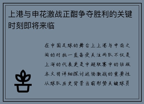 上港与申花激战正酣争夺胜利的关键时刻即将来临