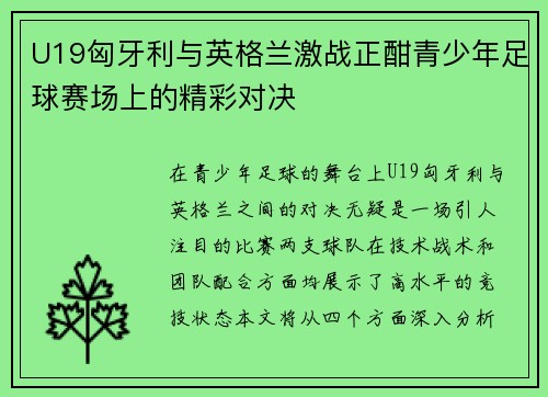 U19匈牙利与英格兰激战正酣青少年足球赛场上的精彩对决