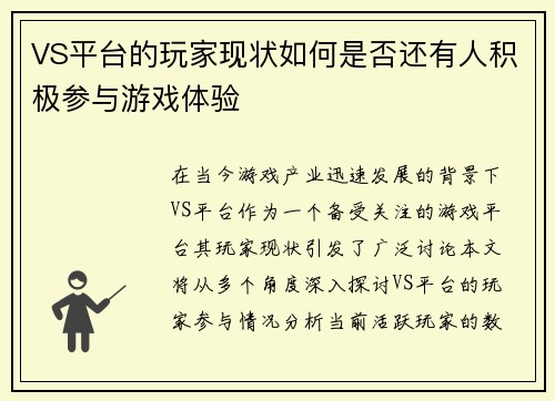 VS平台的玩家现状如何是否还有人积极参与游戏体验