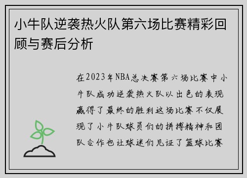 小牛队逆袭热火队第六场比赛精彩回顾与赛后分析