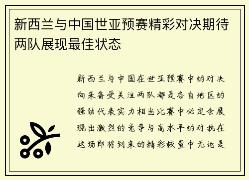 新西兰与中国世亚预赛精彩对决期待两队展现最佳状态
