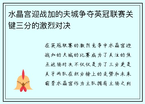 水晶宫迎战加的夫城争夺英冠联赛关键三分的激烈对决