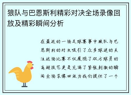 狼队与巴恩斯利精彩对决全场录像回放及精彩瞬间分析