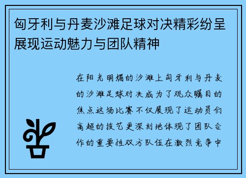 匈牙利与丹麦沙滩足球对决精彩纷呈展现运动魅力与团队精神