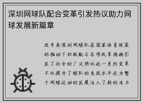 深圳网球队配合变革引发热议助力网球发展新篇章