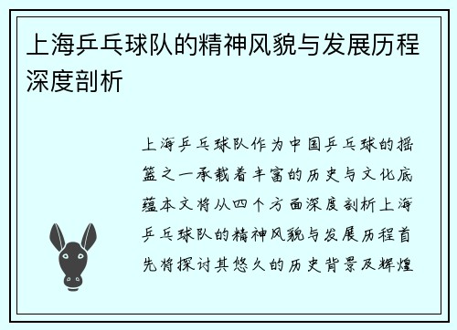 上海乒乓球队的精神风貌与发展历程深度剖析