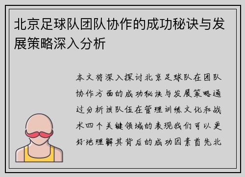 北京足球队团队协作的成功秘诀与发展策略深入分析