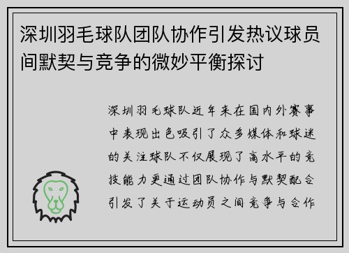 深圳羽毛球队团队协作引发热议球员间默契与竞争的微妙平衡探讨